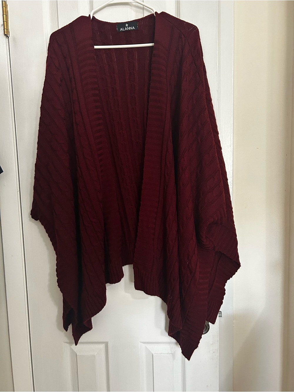 Anna Burgundy Cable-Knit Open Front Poncho